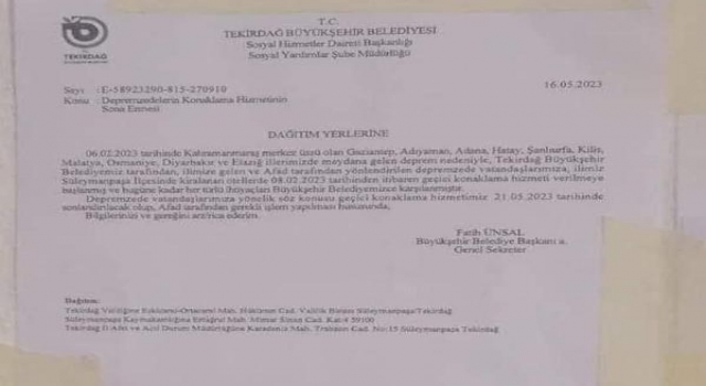 Tekirdağ Büyükşehir Belediyesi, depremzedelere verdiği konaklama hizmetini önce durdurdu, sonra uzattı